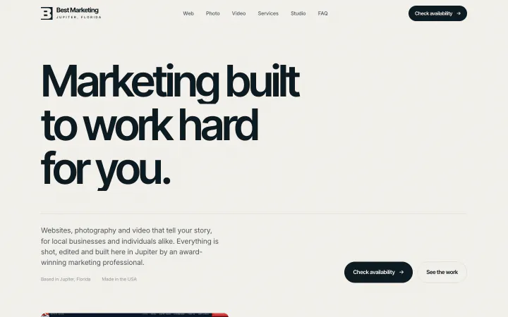 The Best Marketing Jupiter homepage, with the headline "Marketing built to work hard for you." in large black letters on an off-white background.
