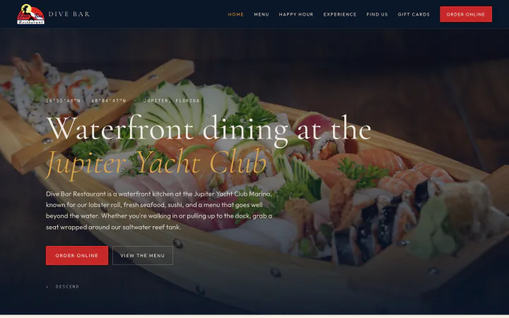 The Dive Bar Restaurant homepage, with a sushi platter photo behind the headline "Waterfront dining at the Jupiter Yacht Club" and buttons to order online or view the menu.