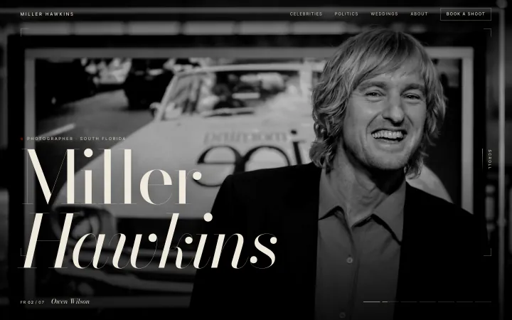 The Miller Hawkins homepage, a photography site with the name Miller Hawkins in large lettering over a black-and-white portrait.